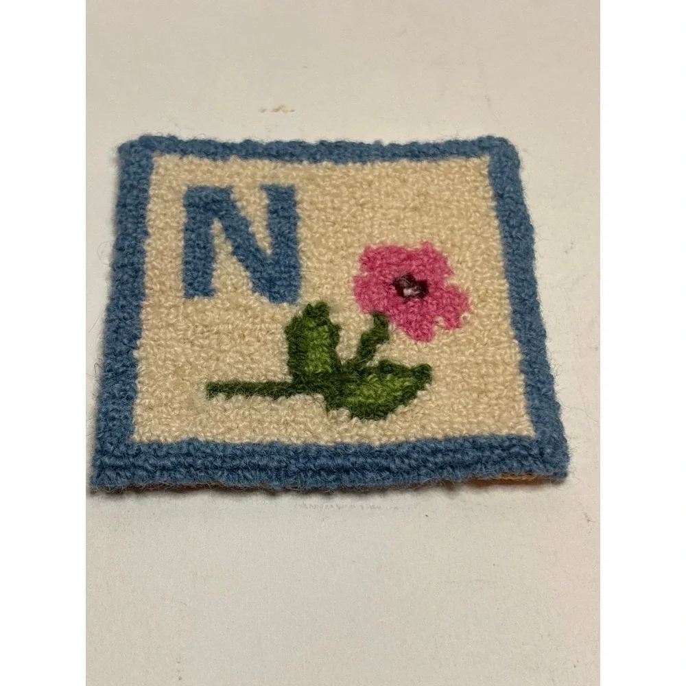 Flora's Cheticamp NS Hooked Rug Wool Mat Letter N Floral Blue Vintage 4
